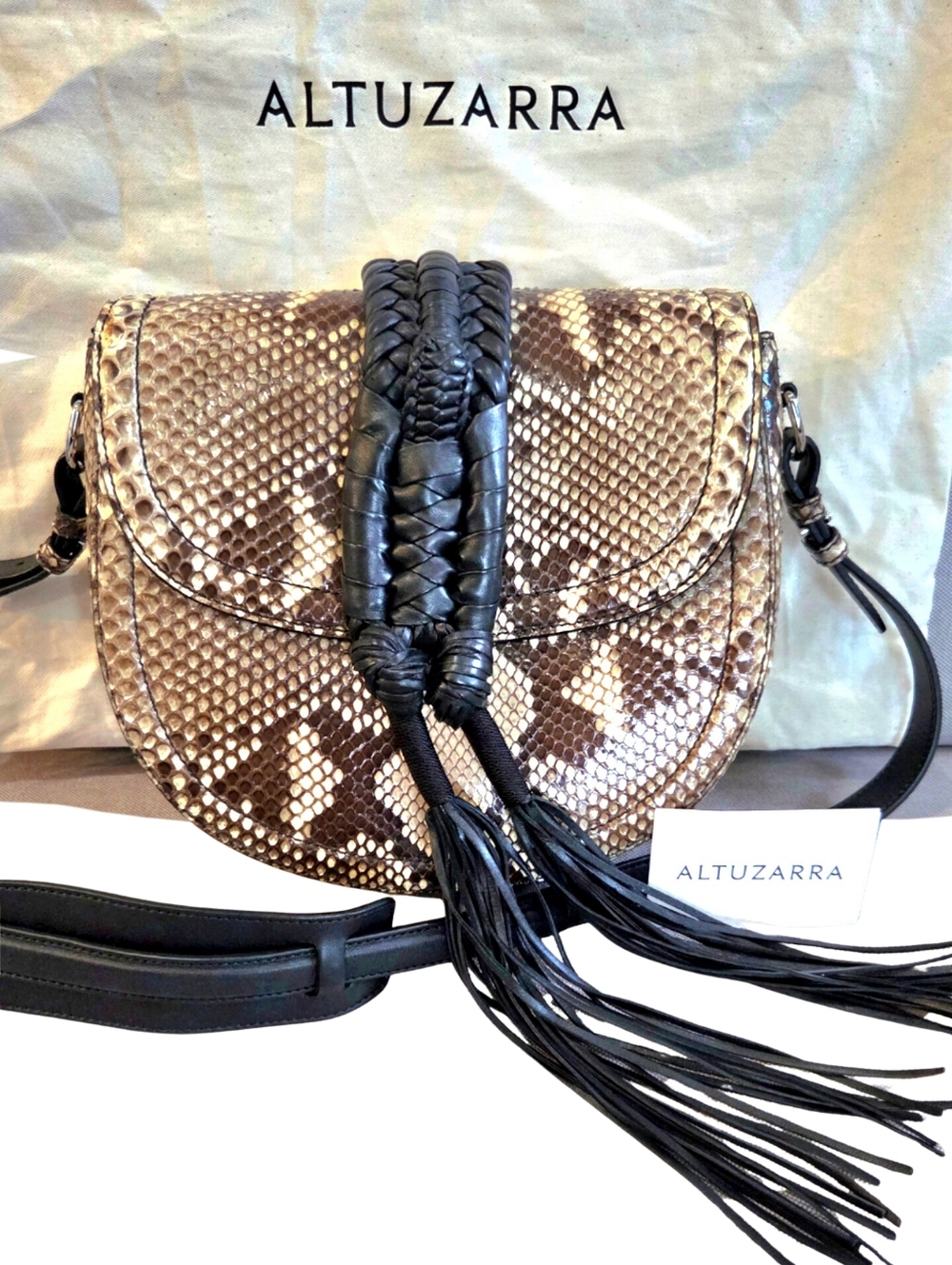 ALTUZARRA - NWT "Ghianda" Knotted Fringe Brown Grey Snakeskin Handbag*Rare*